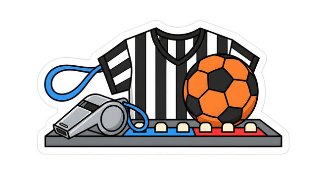 Soccer referee uniform ball whistle set on field lines, sport official kit