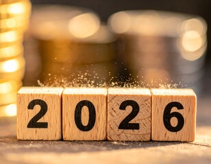 Wooden blocks spelling "2026" with scattered glitter; coins in background