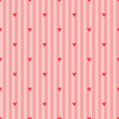 Hand drawn heart seamless pattern on pink striped background. Cute doodle love wallpaper for valentine design.