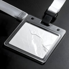 Damaged ID badge on dark surface with lanyard