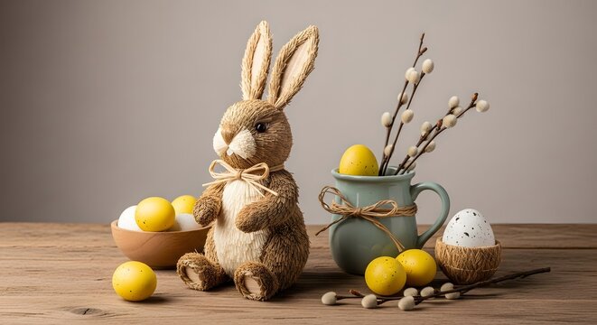 Easter bunny in a field of eggs on easter sunday morning