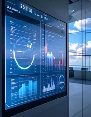 Digital display showing financial data with graphs in modern office setting