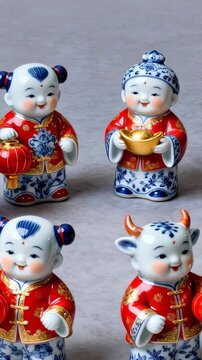 Vertical video: Panning camera at start revealing four ceramic figurines in red robes on grey table