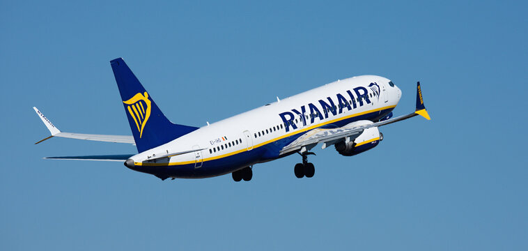 Tenerife, Spain february 1st, 2026. Boeing 737 MAX 8-200 Ryanair airlines, flies in the blue sky. Takeoff at Tenerife Airport. Retracting the landing gear