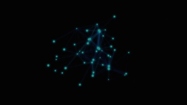 Modern abstract plexus network animation with glowing teal dots connecting and moving on dark background