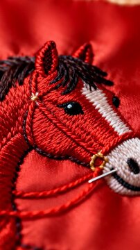 Vertical video: Pulling back cam revealing red stitched horse on satin showing needle and gold ring