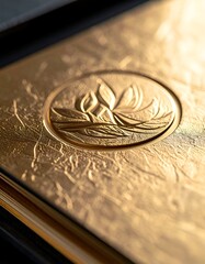 Close-up of ornate gilded book cover with embossed floral detail