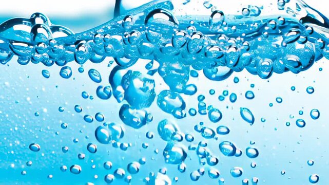 Water bubbles rising and breaking the surface in clear blue liquid, showcasing the dynamic interaction between air and water in a vibrant aquatic environment