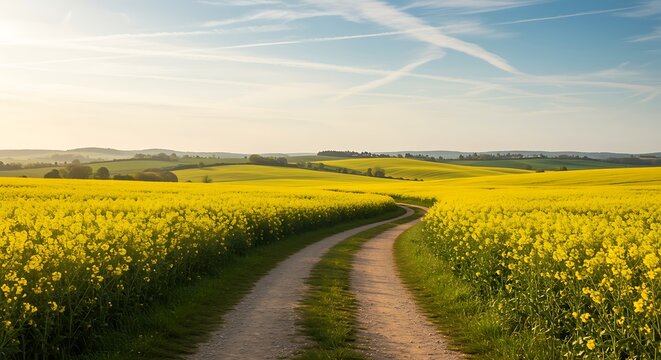 winding dirt road through vibrant yellow flower fields on a sunny day with blue sky and white clouds rolling hills in distance