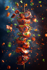 Grilled tandoori chicken skewer with flying spices and herbs on a dark smoky background