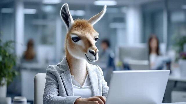 Anthropomorphic llama in business attire working on laptop in modern office environment from a frontal viewpoint