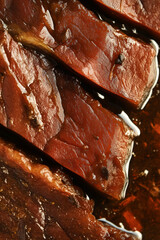 Close up of sliced beef brisket covered in rich sauce showing juicy texture and deep flavor
