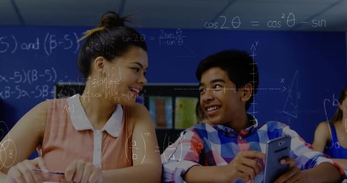 Animation of math formulas moving over happy diverse boy and girl using smartphone at school
