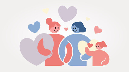 Colorful illustration of a loving family with hearts around them