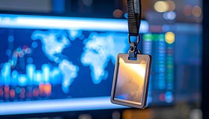 Badge hangs against world map display with financial data