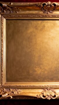 Vertical video: Shifting camera revealing gilded frame on red wall, showing empty gold panel