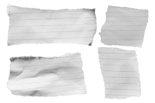 Set of torn lined notebook paper pieces with rough edges, isolated PNG for notes and design layouts.
