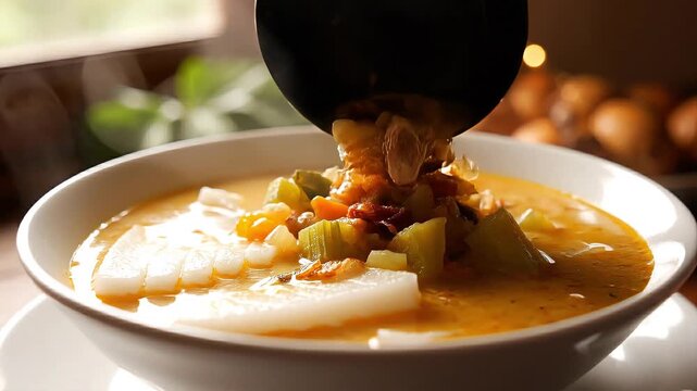 Pouring Curry Soup Over Indonesian Lontong Sayur Close Up With Steam