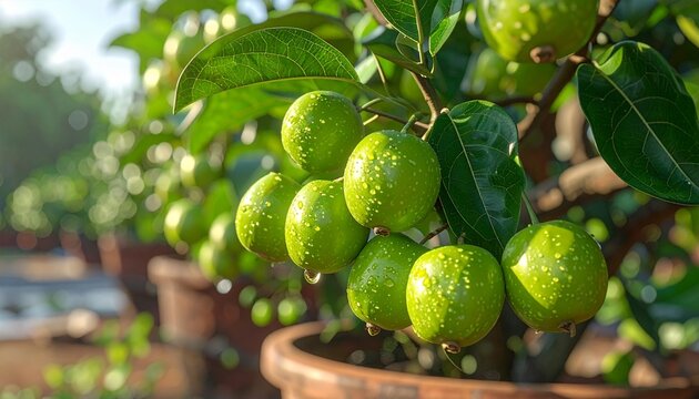 Fresh green jujube fruits growing on potted plant, tropical home garden with organic fruit cultivation