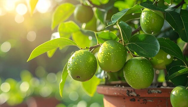 Fresh green jujube fruits growing on potted plant, tropical home garden with organic fruit cultivation
