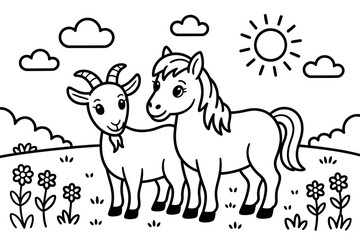 A cartoon goat and horse standing together in a sunny meadow with flowers