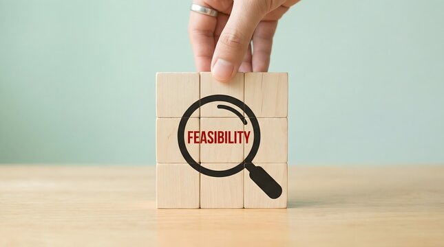 Feasibility study concept with wooden blocks and magnifying glass