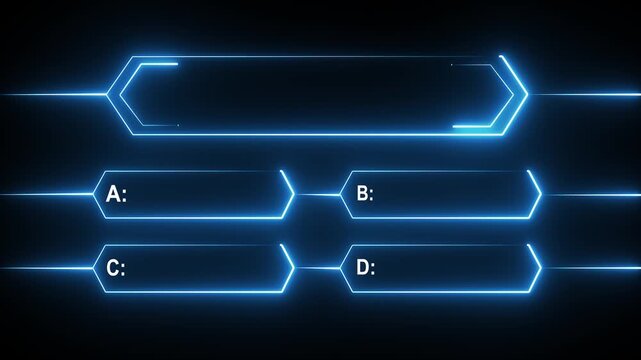Abstract blue neon graphic equalizer bars with option choices a b c d and a central long bar for quiz shows or contests as a looping animation