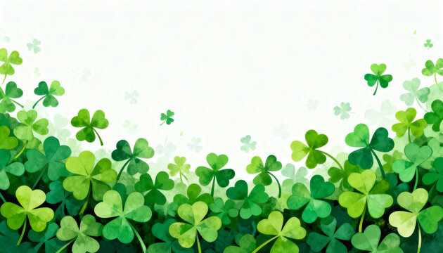 Beautiful Watercolor Illustration of Green Shamrocks and Clovers on White Background; Festive Design for St. Patrick's Day, Good Luck Concept, Nature Greeting Cards, and Spring Stationery.