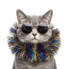 Gray Cat with Sunglasses and Garland Isolated on PNG Background.