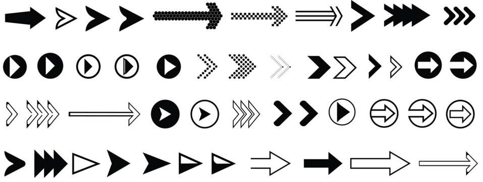 Arrow icons set. Arrow collection. Simple arrow big set. Vector illustration. modern simple flat black vector pointer signs. Arrow icon set for forward click buttons, web design arrow