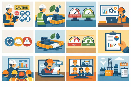 Petroleum equipment safety and sustainability flat vector icons