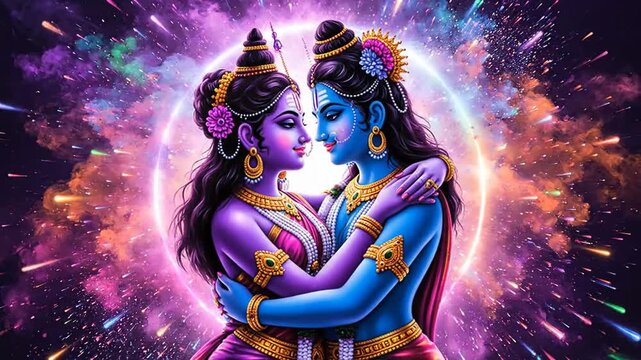 Radha Krishna Divine Love Cosmic Art Vibrant Hindu God Goddess