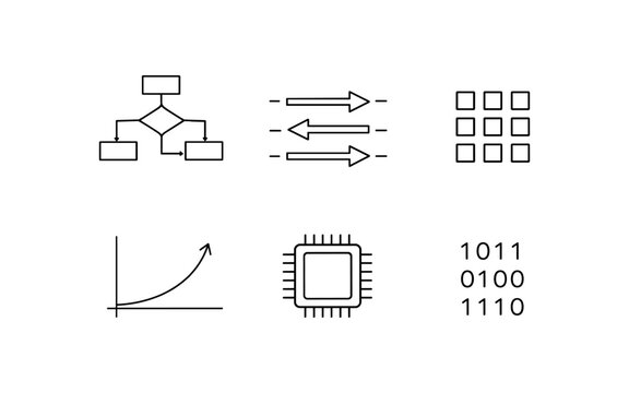 Set of six simple line art icons representing technology and data concepts