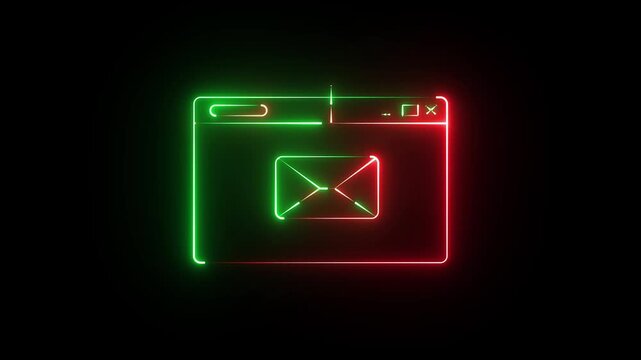 Glowing neon outline of an email envelope inside a computer window interface, animated on a black background with vibrant green and red light effects, perfect for digital communication concepts and ab
