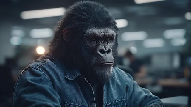A chimpanzee wearing denim shirt sits in an office environment viewed from a slight angle