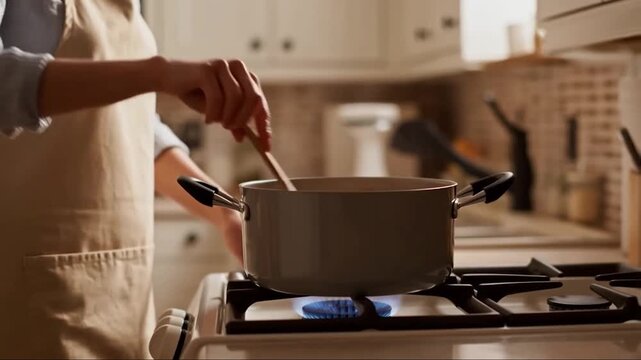 Close-up of person in apron stirring pot on gas stove for home cooking and culinary lifestyle themes.