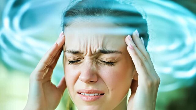 Woman experiencing severe cerebral pain, head illuminated by acute neurological distress, reflecting ischemic stroke, hemorrhagic incident, or transient ischemic attack.