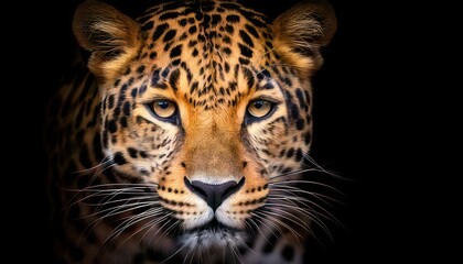 Obraz premium Majestic Leopard Portrait - A Stunning Close-Up of a Wild Cat in the Darkness.
