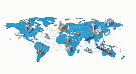 Obraz premium Global Logistics Network Illustration of International Supply Chain and Worldwide Transportation with Connected Industrial Facilities and Distribution