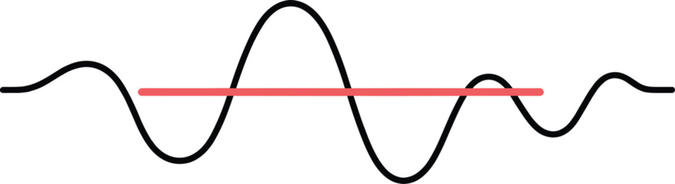 Abstract sound wave line illustration, black waveform with red baseline isolated on white background, audio signal visualization concept, modern minimal graphic design element