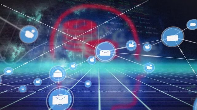 Animation of network of connections with icons over data processing and lines