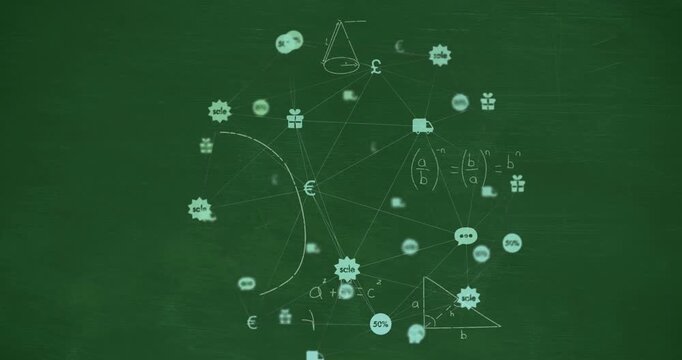 Animation of network of connections with icons over mathematical equations on green background