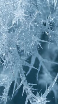 Vertical video: Panning camera revealing spiky frost crystals on thin stem in macro showing dust