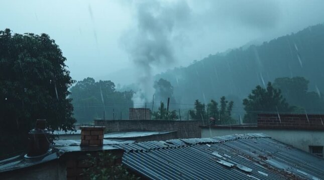 Overcast sky with rain falling on rooftops and distant hills, smoke rising from chimneys