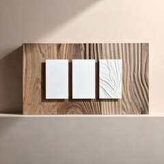 Three white rectangular objects with wooden textured backdrop