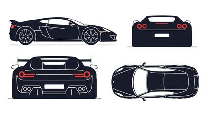 Vector illustration of a sports car viewed from multiple angles showcasing its sleek design and vibrant red taillights © Stock Image Paradise