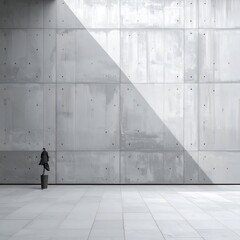 Figure stands before a large, brutalist concrete wall, bathed in light