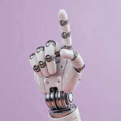 Futuristic robotic hand gesture on pastel lavender background, artificial intelligence technology concept.