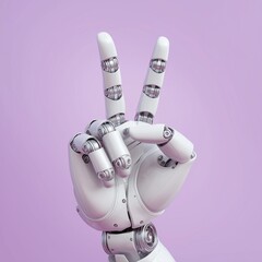 White robotic hand showing peace symbol on soft pastel background, modern tech communication.