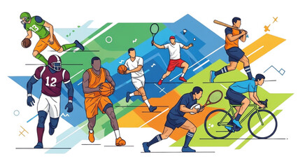 Dynamic athletes in action, showcasing various sports and fitness activities in a vibrant, abstract environment from a panoramic viewpoint © Stock Image Paradise